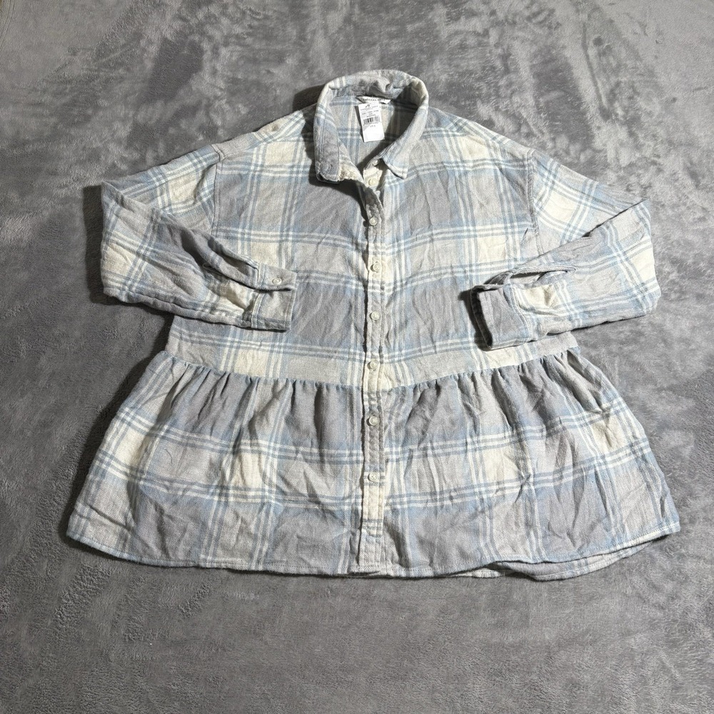 NWT American Eagle Amazingly Soft Peplum Plaid Flannel Shirt Blue Size Small